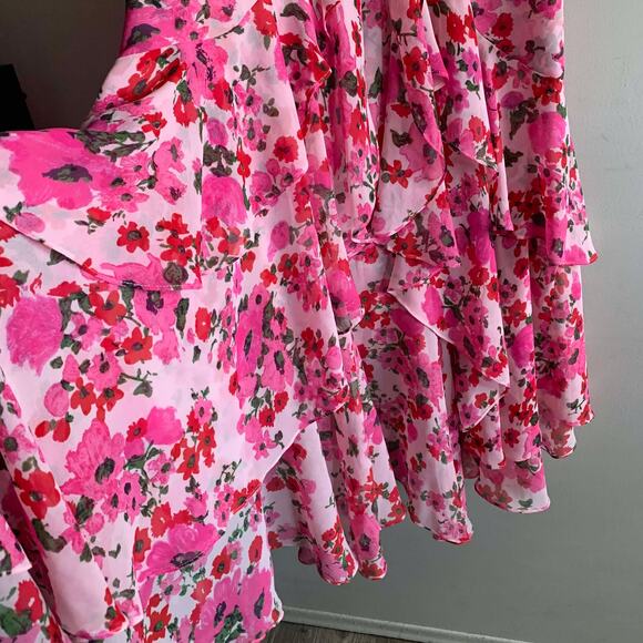 MISA Lucia Pink Poppy Floral Tiered Ruffle Maxi Skirt  $273 Size M Medium - Picture 4 of 5